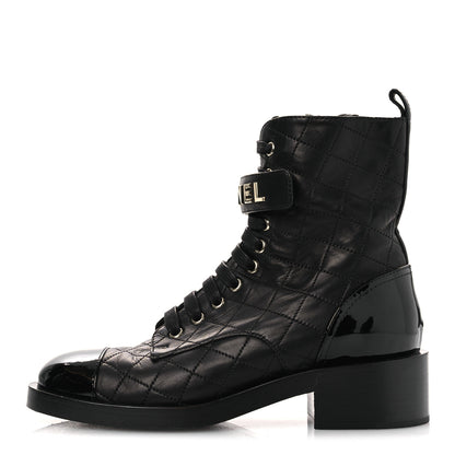 Chanel Lambskin Patent Calfskin Quilted Logo Lace Up Combat Boots 38 Black 1 of 11