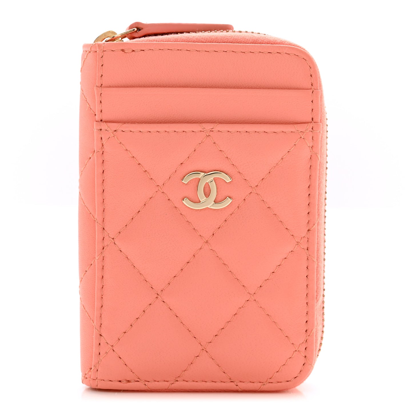 Lambskin Quilted Zip Card Holder Light Orange