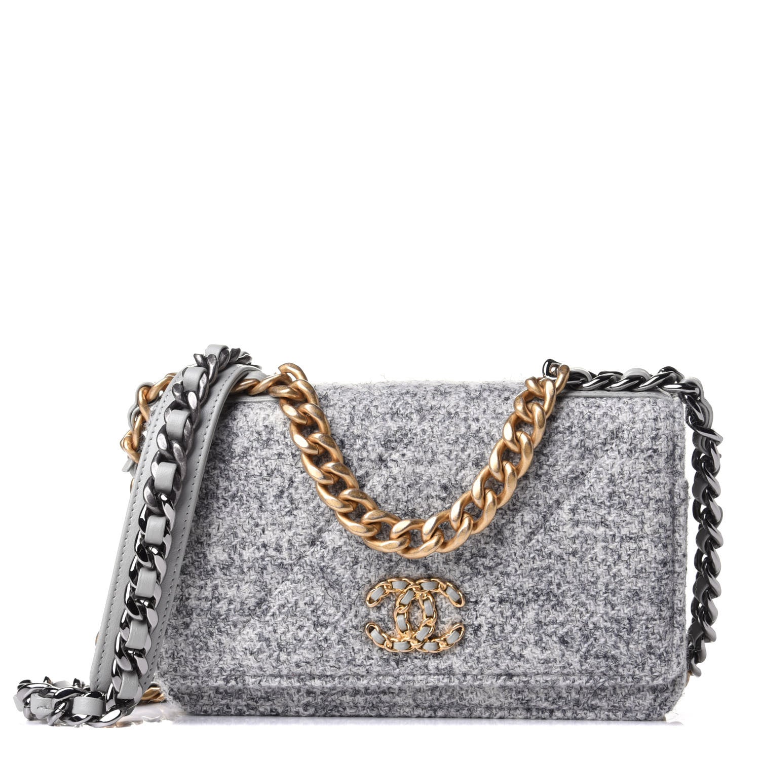 Chanel Wool Tweed Lambskin Quilted Chanel 19 Wallet On Chain WOC Grey 1 of 3