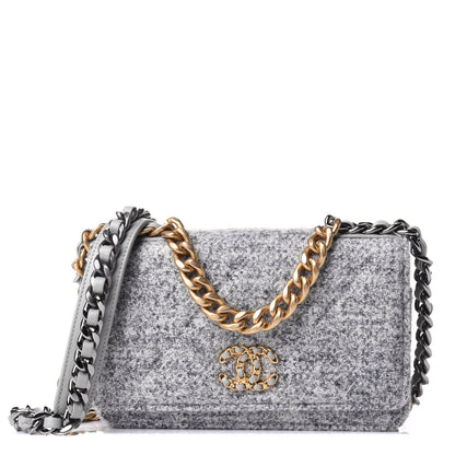 Chanel Wool Tweed Lambskin Quilted Chanel 19 Wallet On Chain WOC Grey 1 of 3