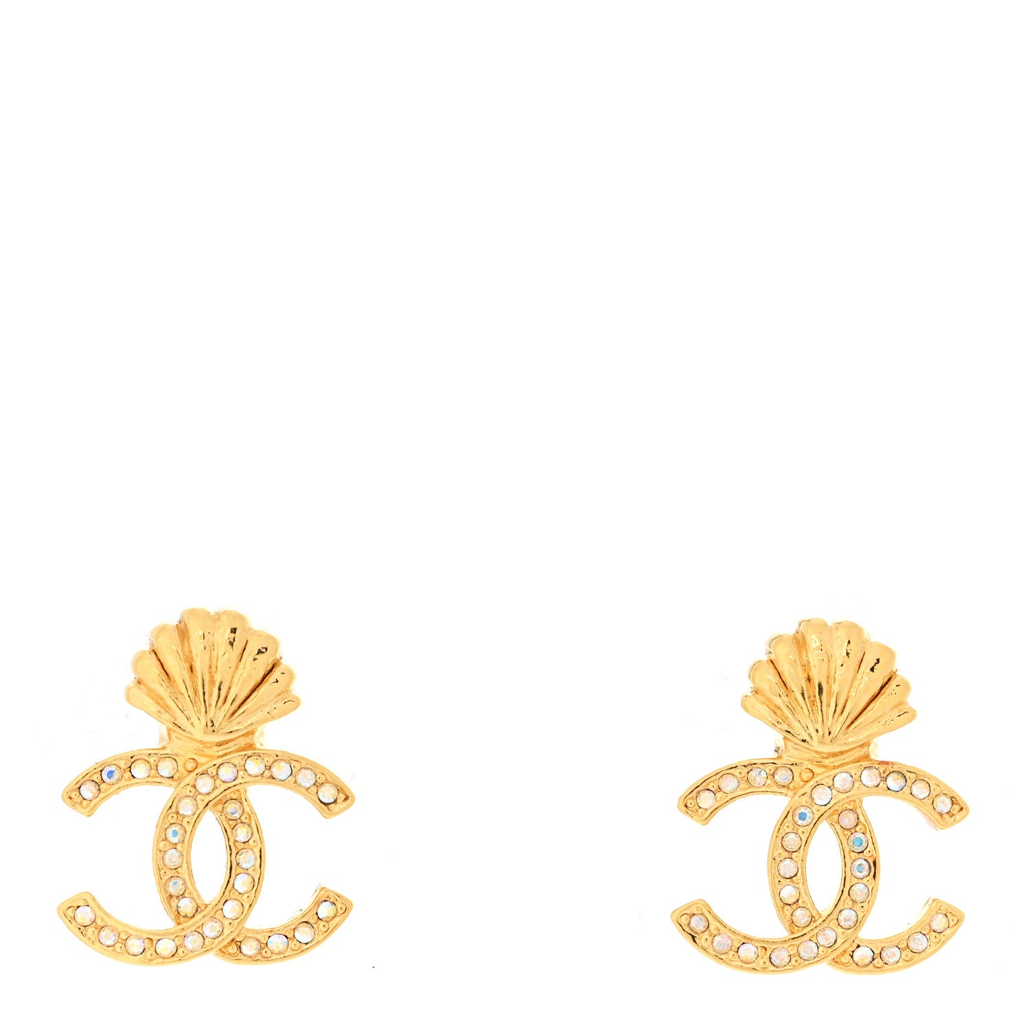 Chanel Crystal CC Shell Earrings Gold 1 of 5