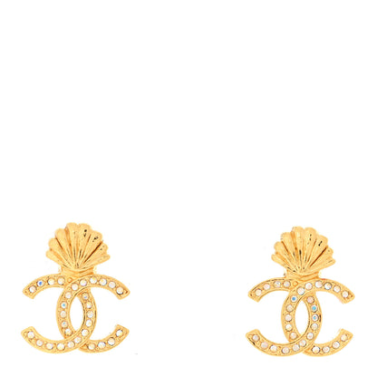 Chanel Crystal CC Shell Earrings Gold 1 of 5