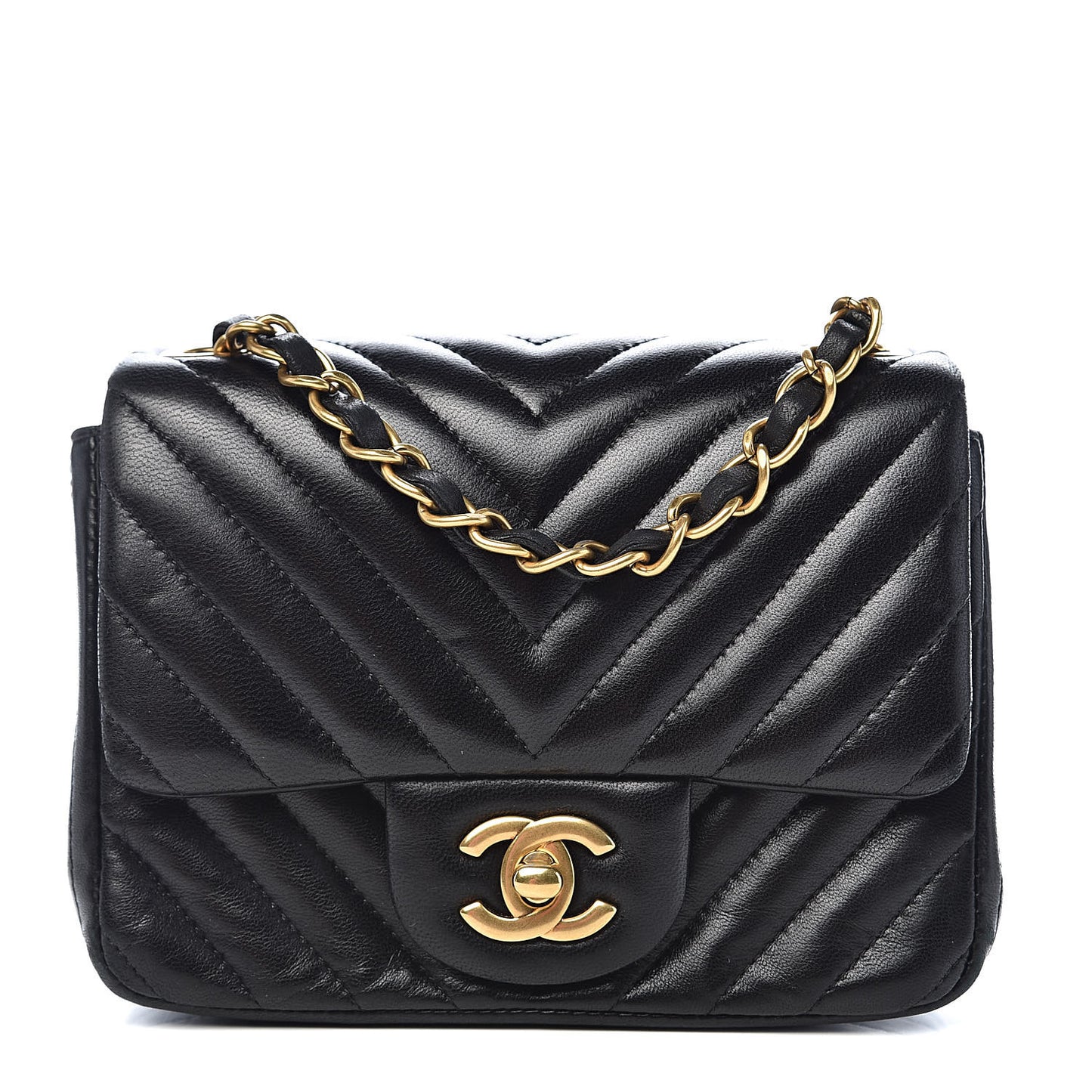 Lambskin Chevron Quilted Mini Square Flap Black