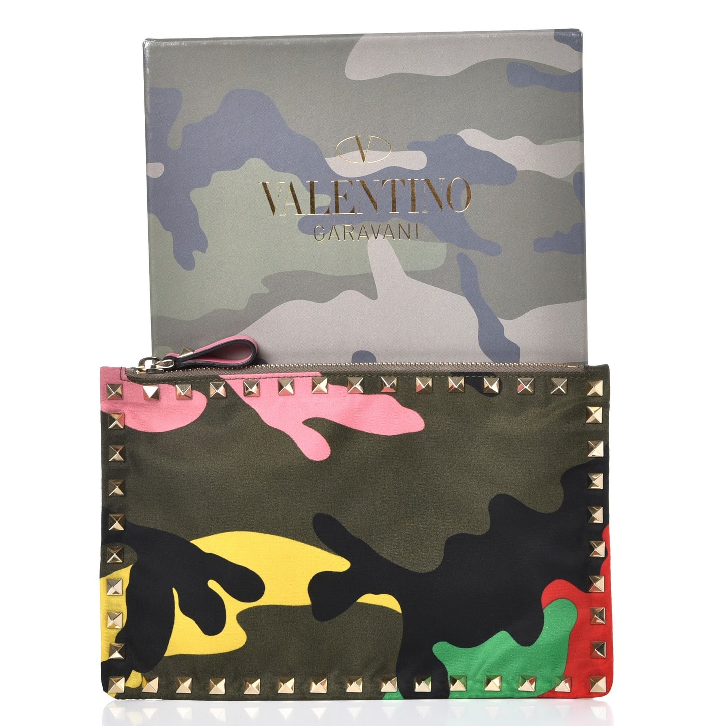 Nylon Camouflage Print Rockstud Zip Pouch Multicolor