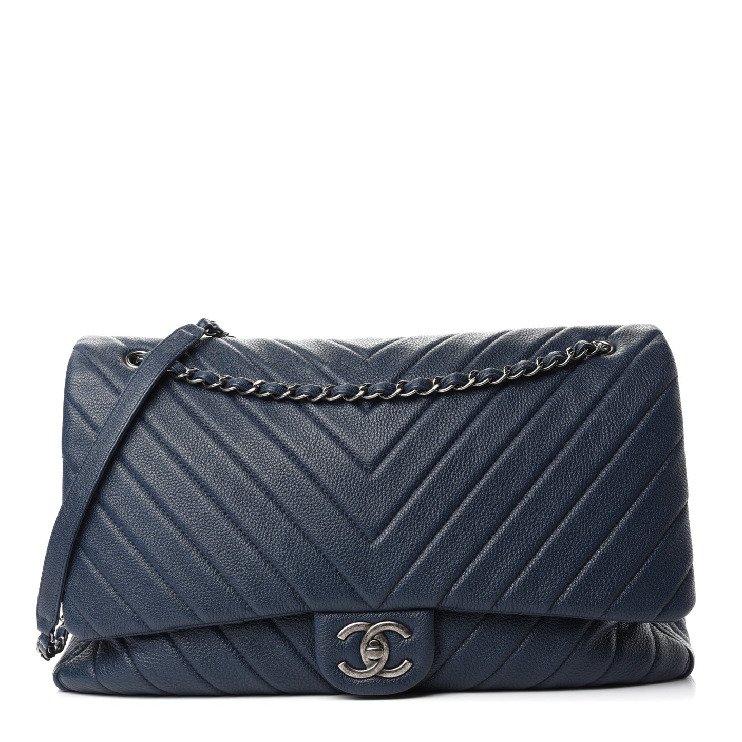 Calfskin Chevron Quilted XXL Travel Flap Bag Blue