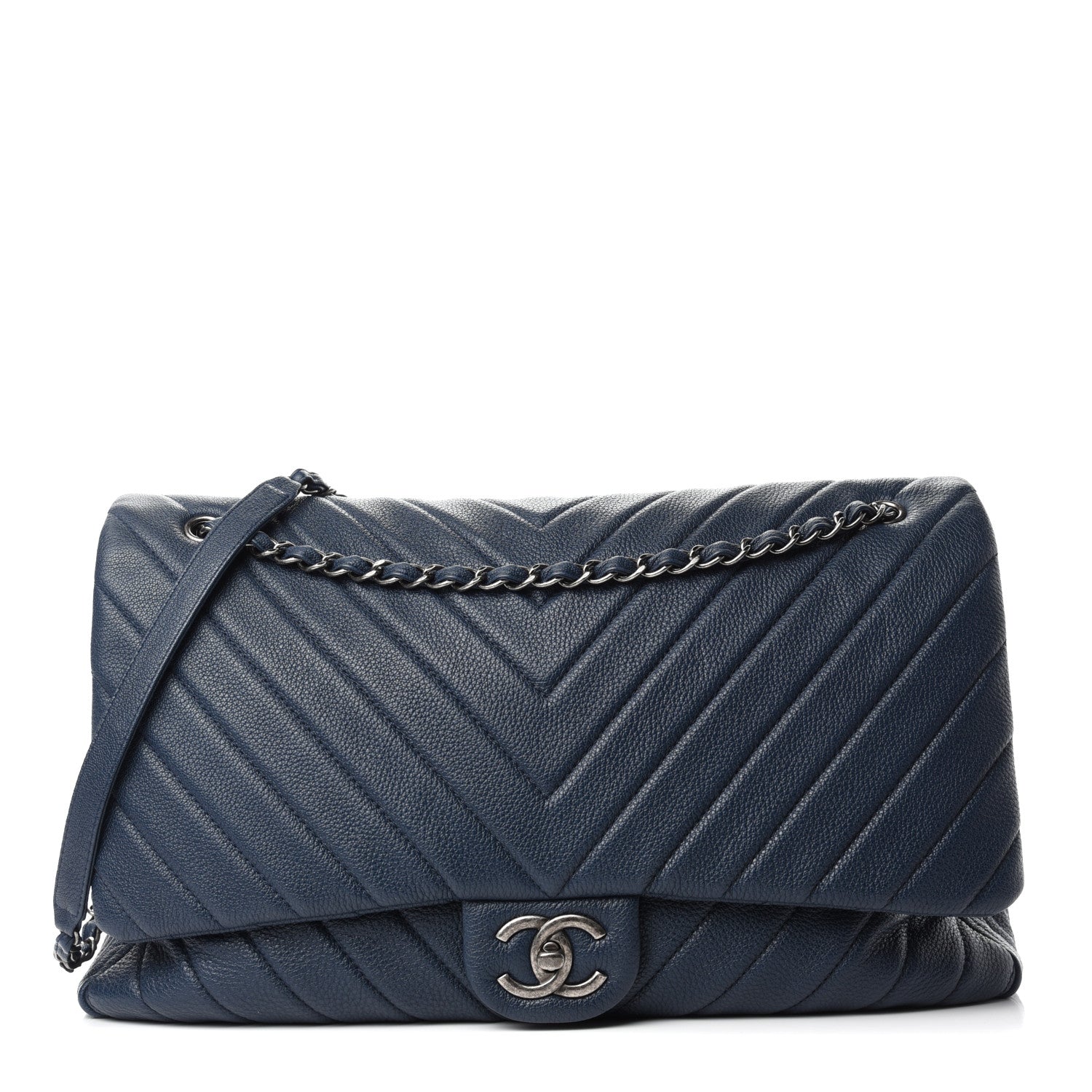 Chanel Calfskin Chevron Quilted XXL Travel Flap Bag Blue 1 of 10