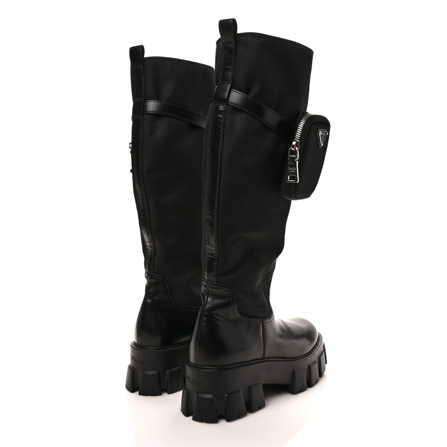 Prada Spazzolato Rois Re-Nylon Metal Triangle Logo Monolith Pouch Pocket 55mm Tall Boots 39 Black 4 of 8