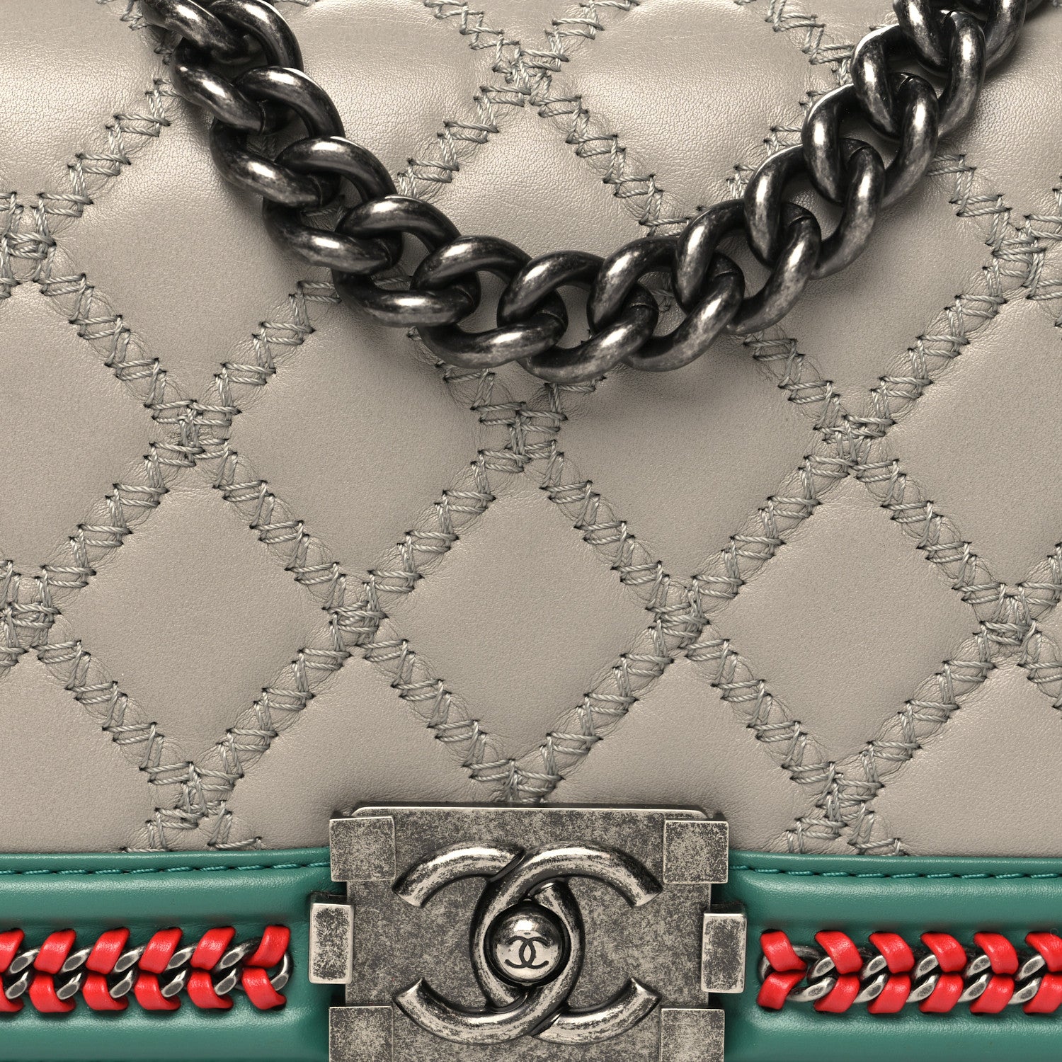 Chanel Lambskin Quilted Medium Top Handle Boy Flap Grey Green Red 8 of 10