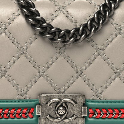 Chanel Lambskin Quilted Medium Top Handle Boy Flap Grey Green Red 8 of 10