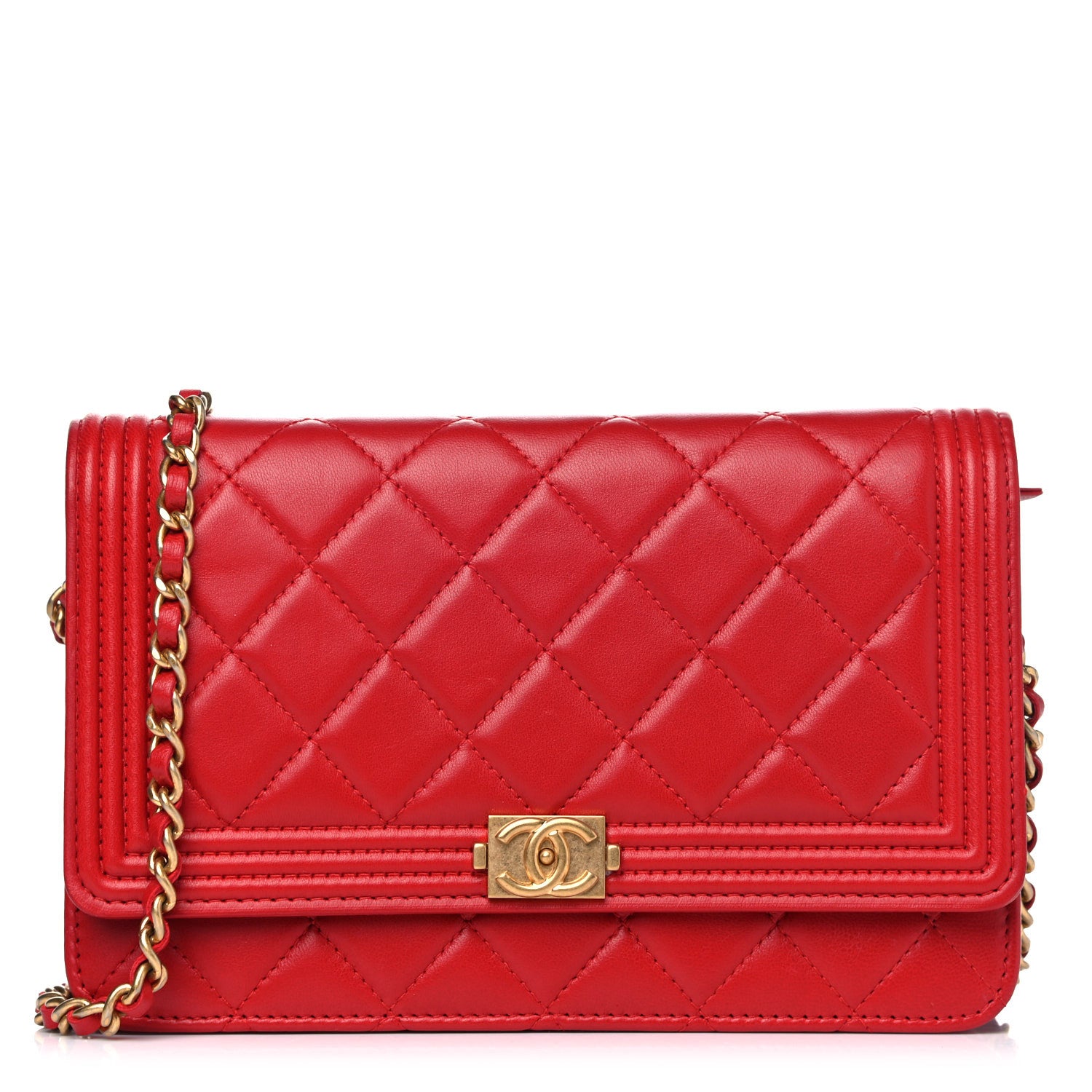 Chanel Lambskin Quilted Boy Wallet On Chain WOC Red 1 of 15
