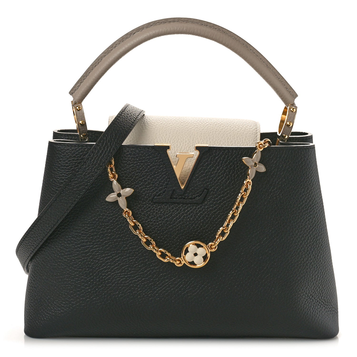 Louis Vuitton Taurillon Flower Chain Capucines MM Black Galet Gray Pearly Cream 1 of 10