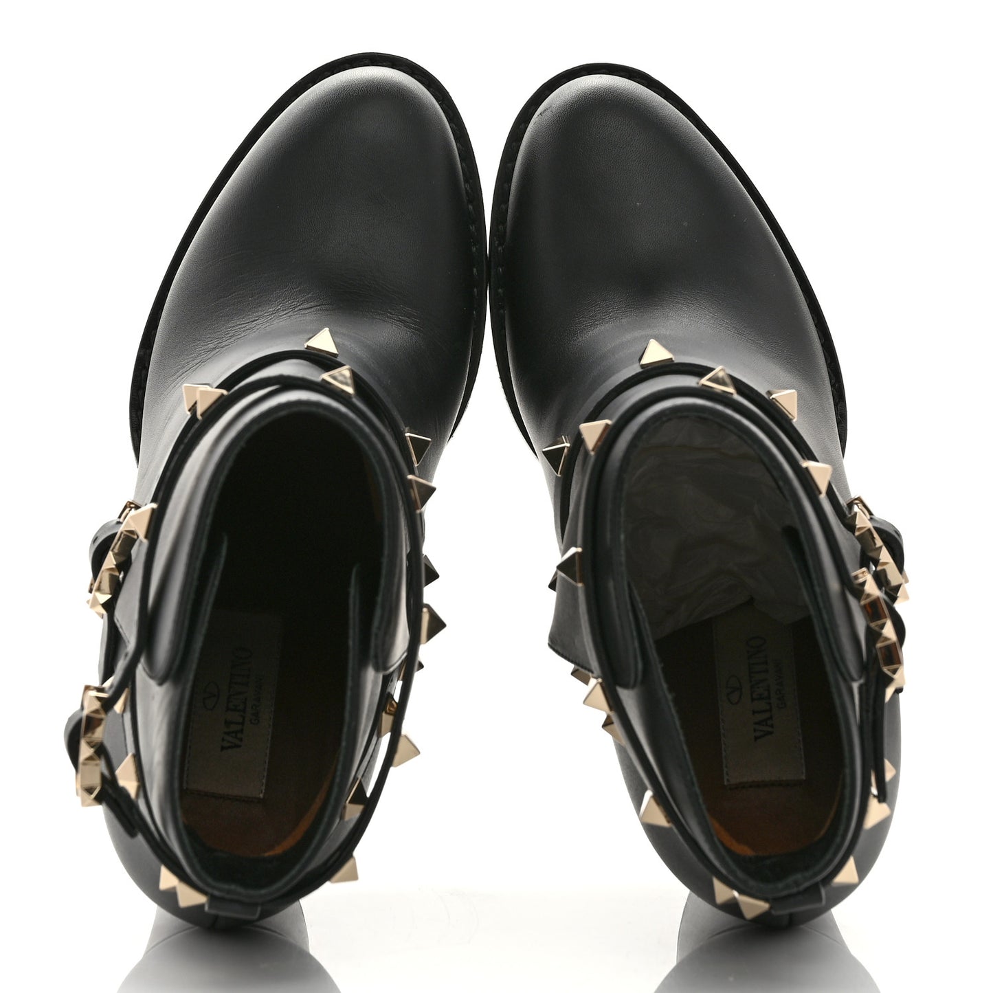 Pebbled Calfskin Rockstud Double Buckle 70mm Block Heel Ankle Boots 36.5 Black