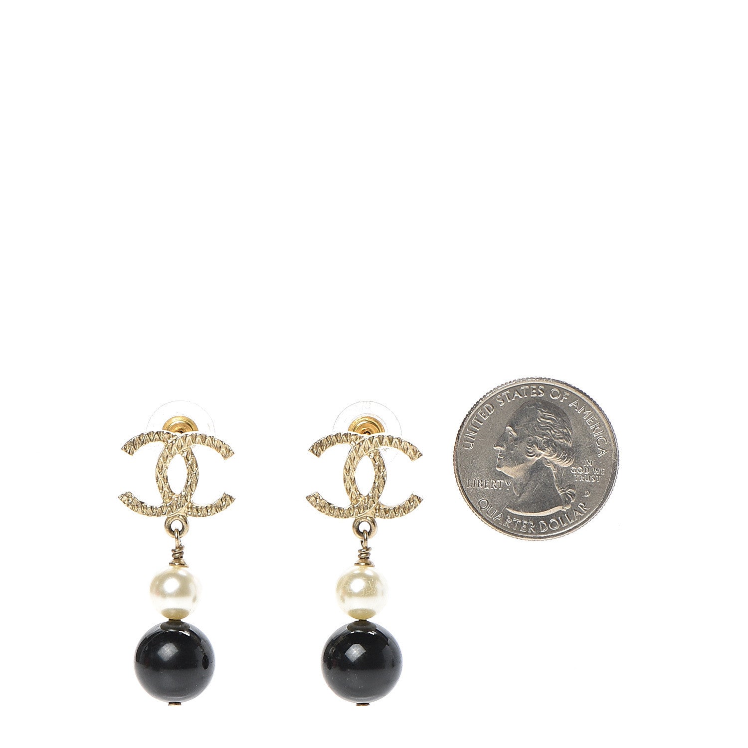 Chanel Pearl Bead CC Drop Earrings Black Gold 2 of 5