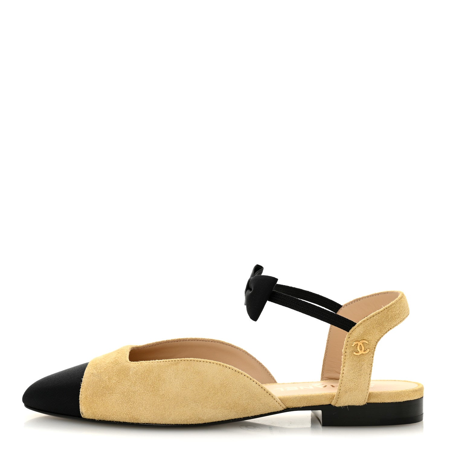 Chanel Suede Grosgrain Bow Cap Toe CC Slingback Flats 38 Beige Black 1 of 10