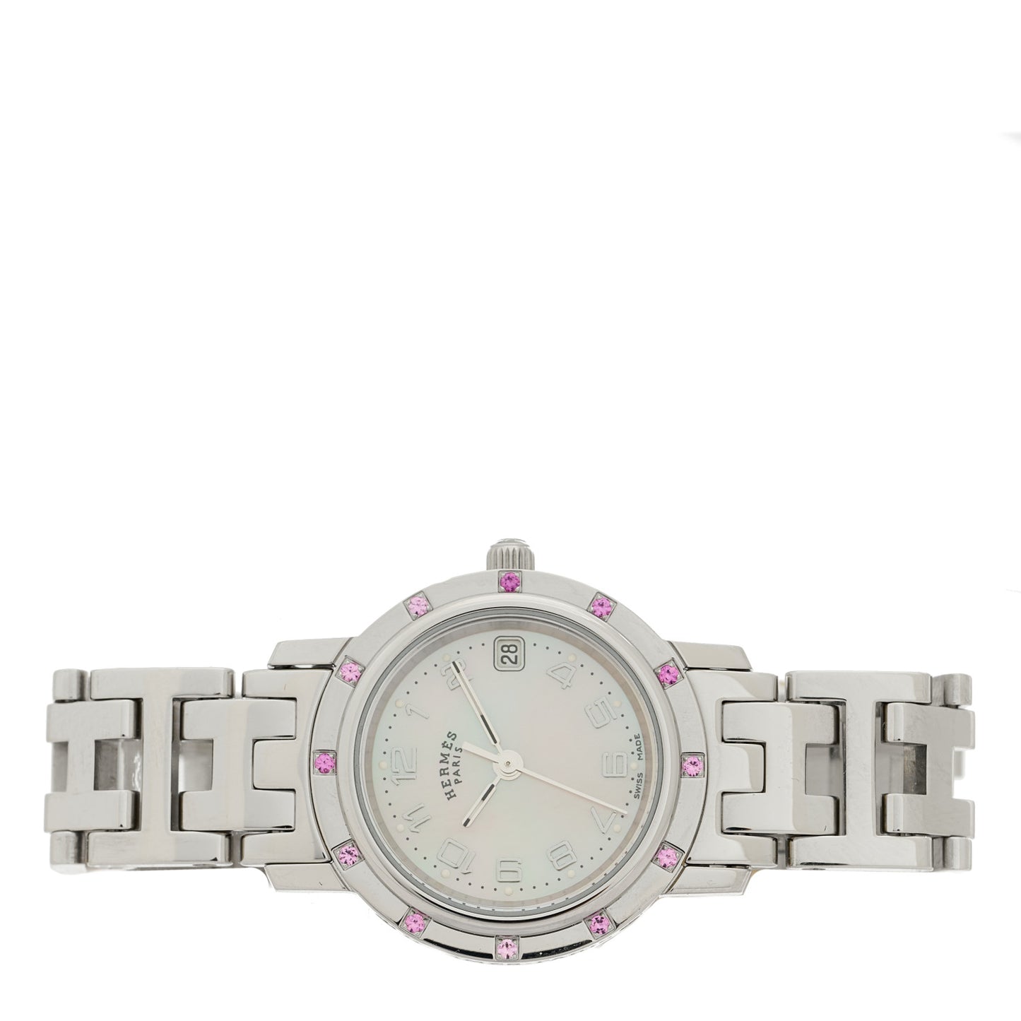 Stainless Steel Pink Sapphire Mother of Pearl 24mm Clipper Nacre Quartz Watch