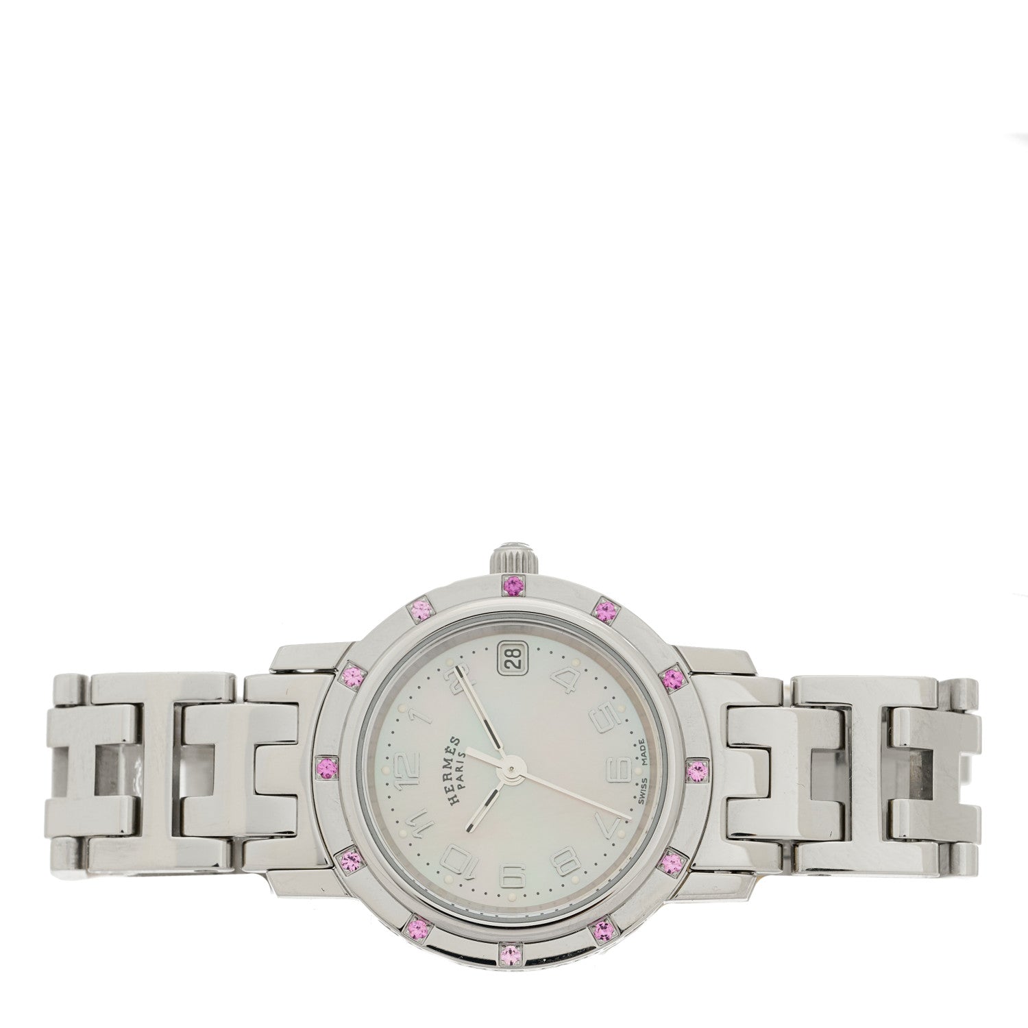 Hermes Stainless Steel Pink Sapphire Mother of Pearl 24mm Clipper Nacre Quartz Watch 2 of 4
