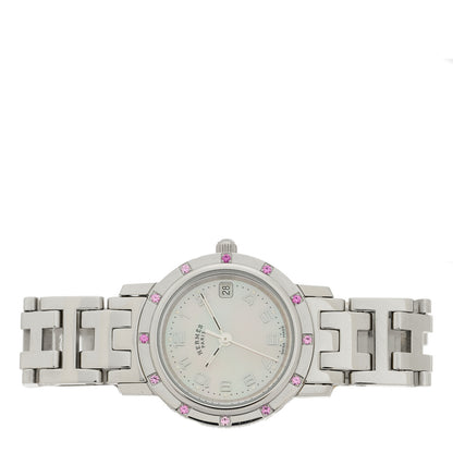 Hermes Stainless Steel Pink Sapphire Mother of Pearl 24mm Clipper Nacre Quartz Watch 2 of 4