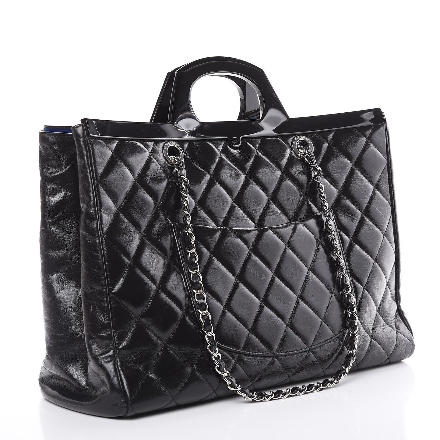 Glazed Calfskin Quilted Large CC Delivery Tote Black
