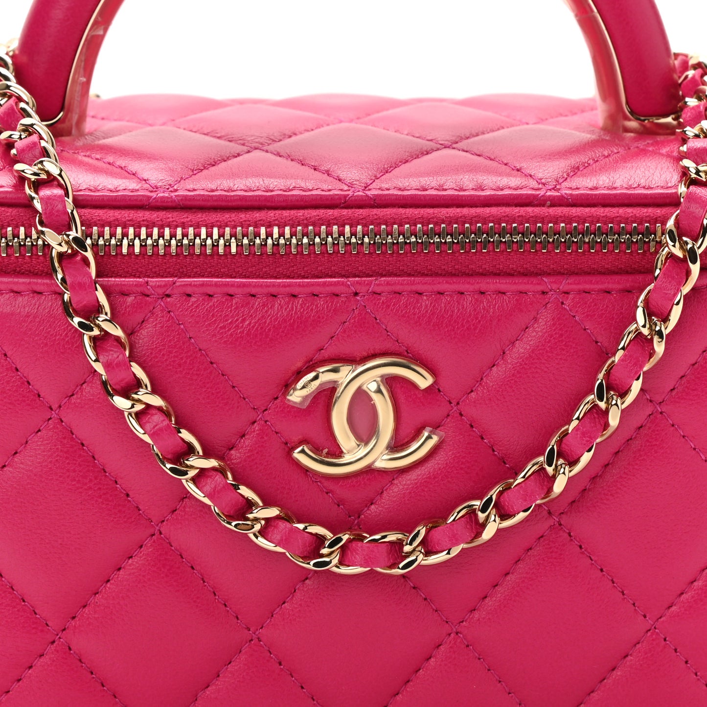 Lambskin Quilted Small Top Handle Vanity Case With Chain Dark Pink