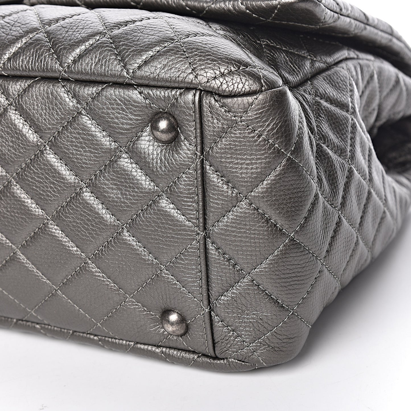 Metallic Calfskin Quilted XXL Travel Flap Bag Dark Silver