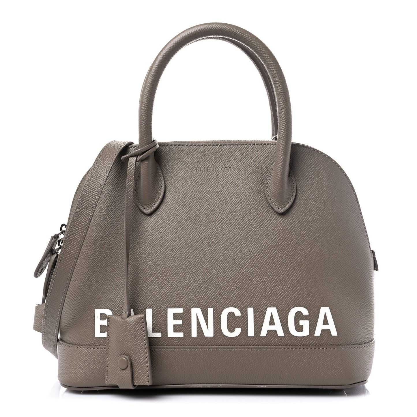 Signature Grained Calfskin Logo S Ville Top Handle Bag Mink Grey White
