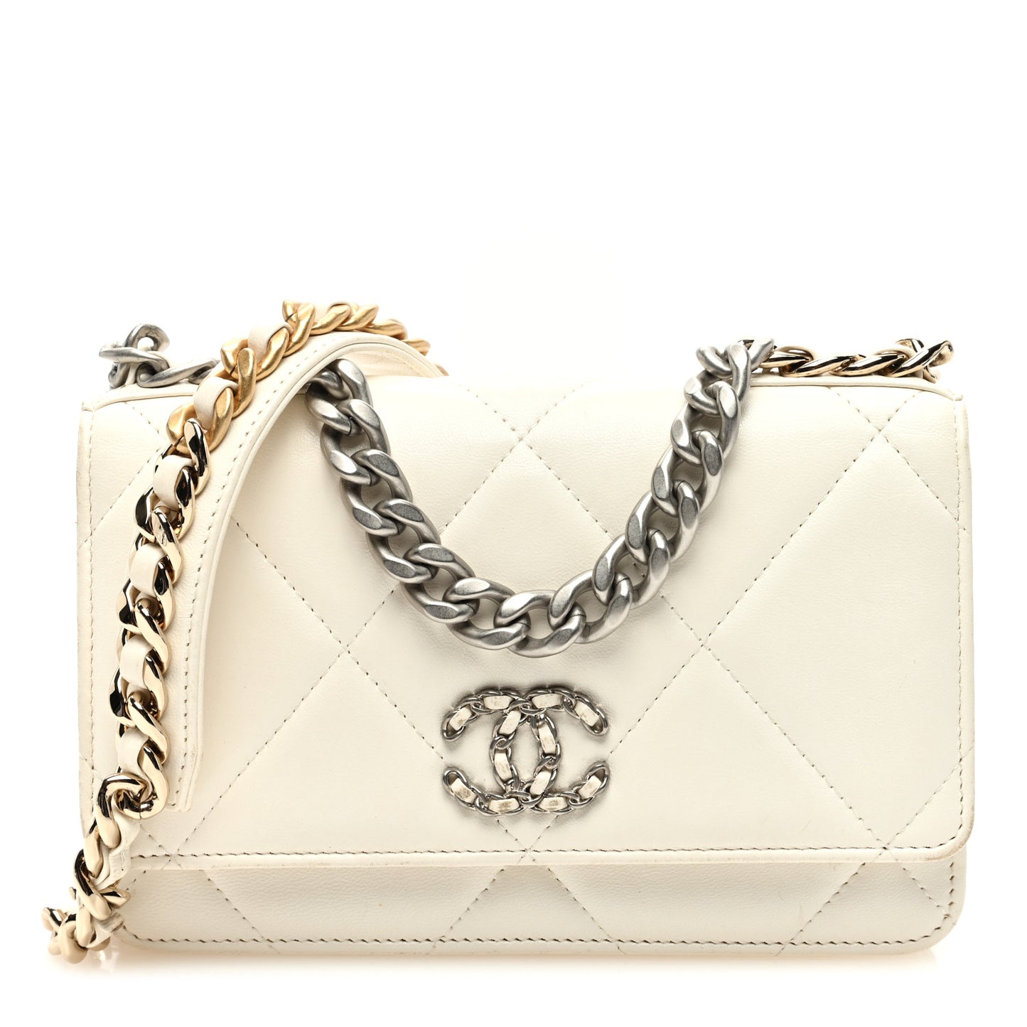 Lambskin Quilted Chanel 19 Wallet On Chain WOC White