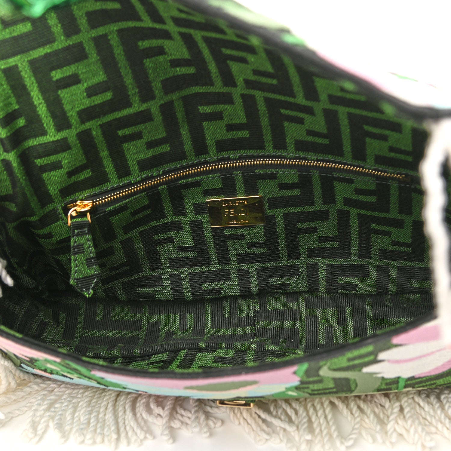 Fendi Fabric Jacquard FF 1974 Fringe Floral Embroidered Baguette Verde Multcolor 5 of 10