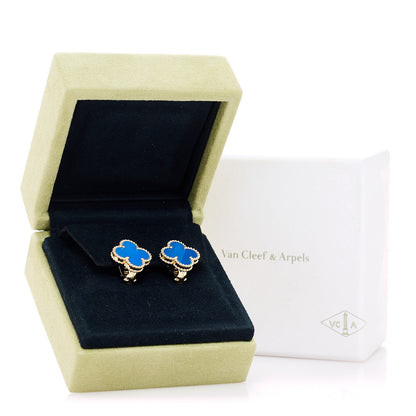 Van Cleef & Arpels 18K Yellow Gold Blue Agate Vintage Alhambra Earrings 5 of 5