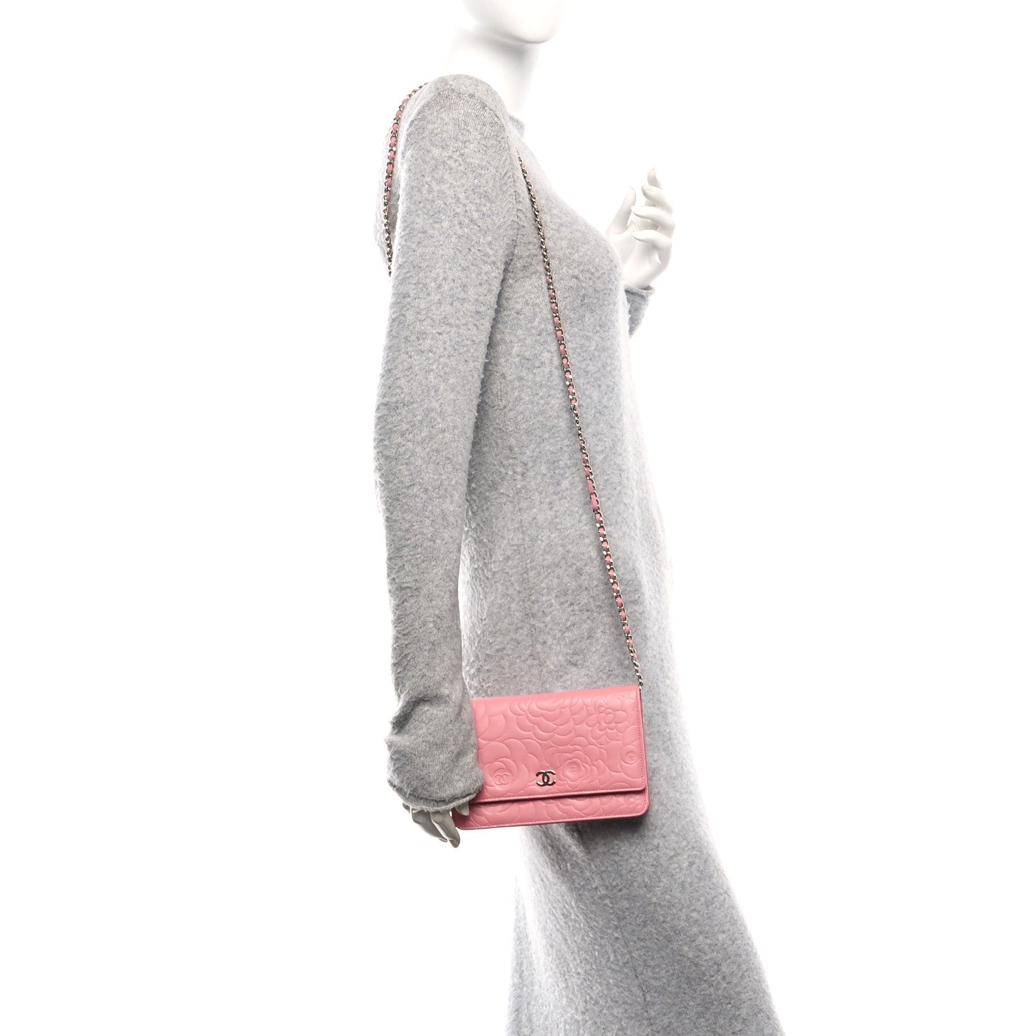 Chanel Lambskin Camellia Embossed Wallet on Chain WOC Pink 2 of 13