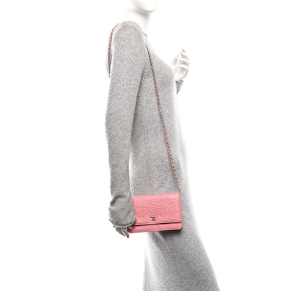 Chanel Lambskin Camellia Embossed Wallet on Chain WOC Pink 2 of 13