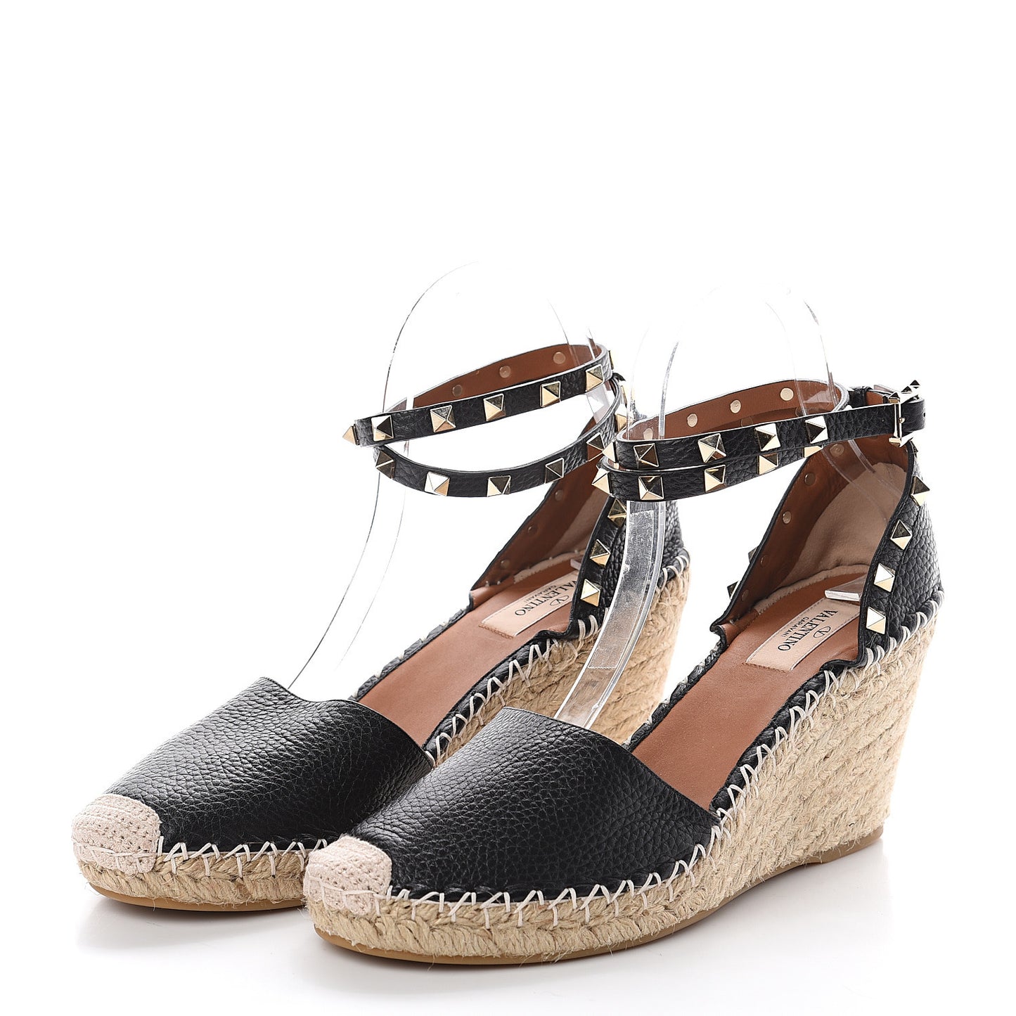 Grained Calfskin Rockstud Ankle Wrap Espadrille 15/85mm Wedges 40 Black Light Cuir