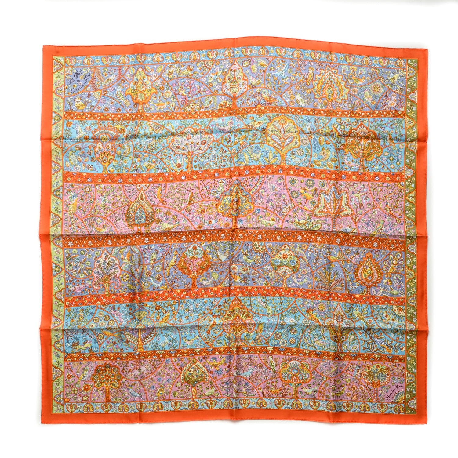 Hermes Silk Au Pays Des Oiseaux-Fleurs 90 Orange Bleu Vert 1 of 5