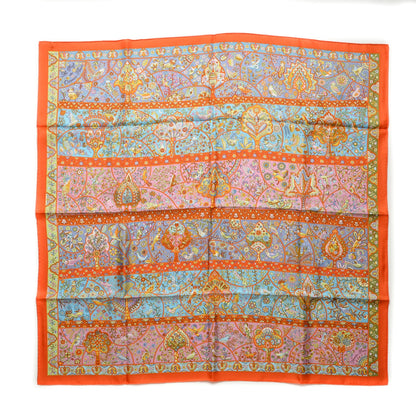 Hermes Silk Au Pays Des Oiseaux-Fleurs 90 Orange Bleu Vert 1 of 5