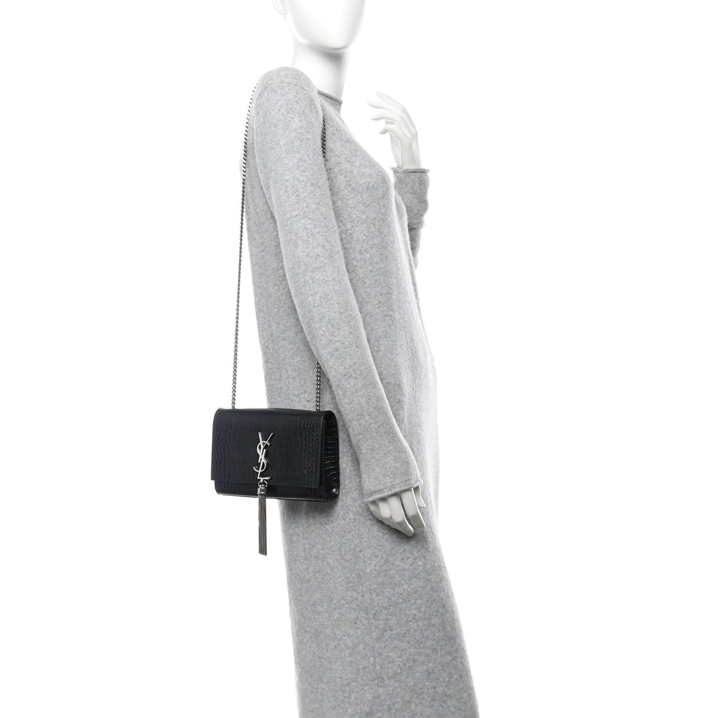 Calfskin Crocodile Embossed Small Classic Monogram Kate Tassel Satchel Black