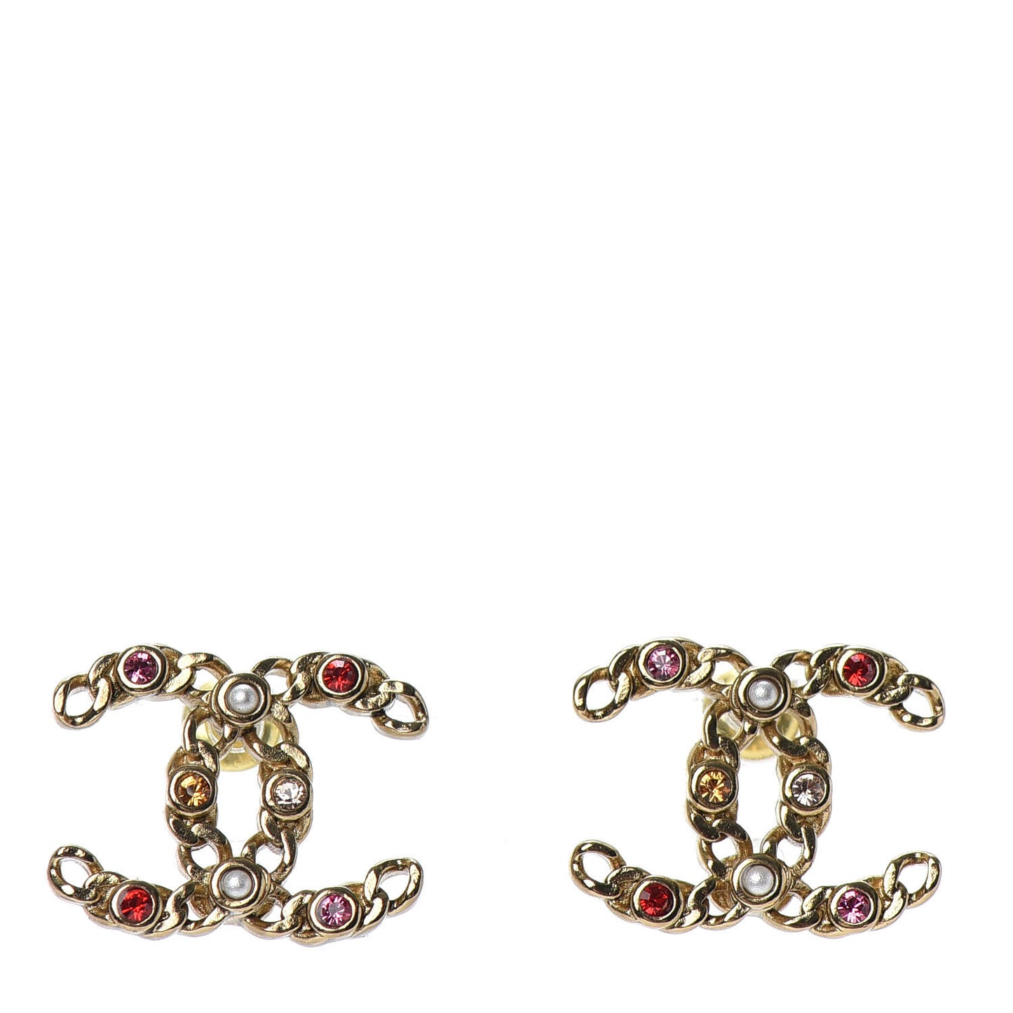 Pearl Crystal Chain Link CC Earrings Gold Red Pink Yellow