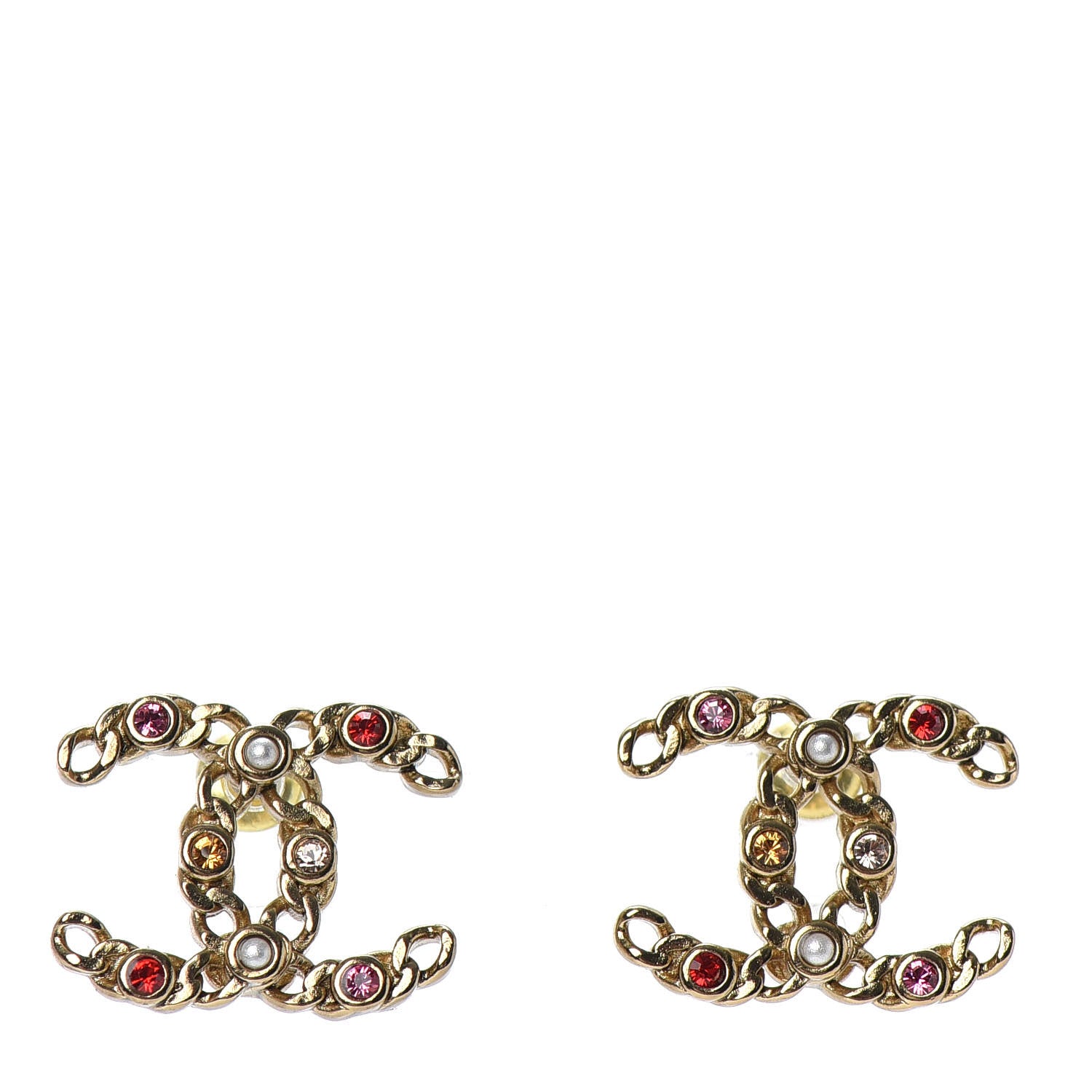 Chanel Pearl Crystal Chain Link CC Earrings Gold Red Pink Yellow 1 of 4