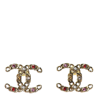 Chanel Pearl Crystal Chain Link CC Earrings Gold Red Pink Yellow 1 of 4