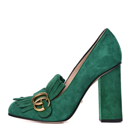 Gucci Kid Scamosciato GG Marmont Fringe 105mm Loafer Pumps 37 Emerald 1 of 10