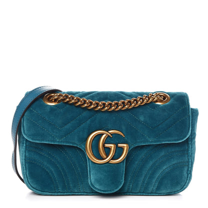 Gucci Velvet Matelasse Mini GG Marmont Shoulder Bag Pavone Cyan 1 of 11