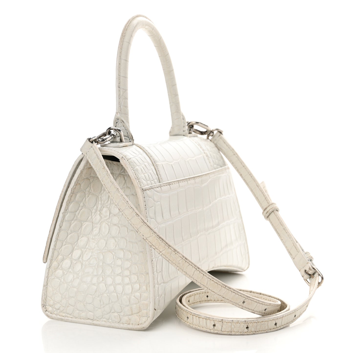Calfskin Crocodile Embossed Small Hourglass Top Handle Bag White