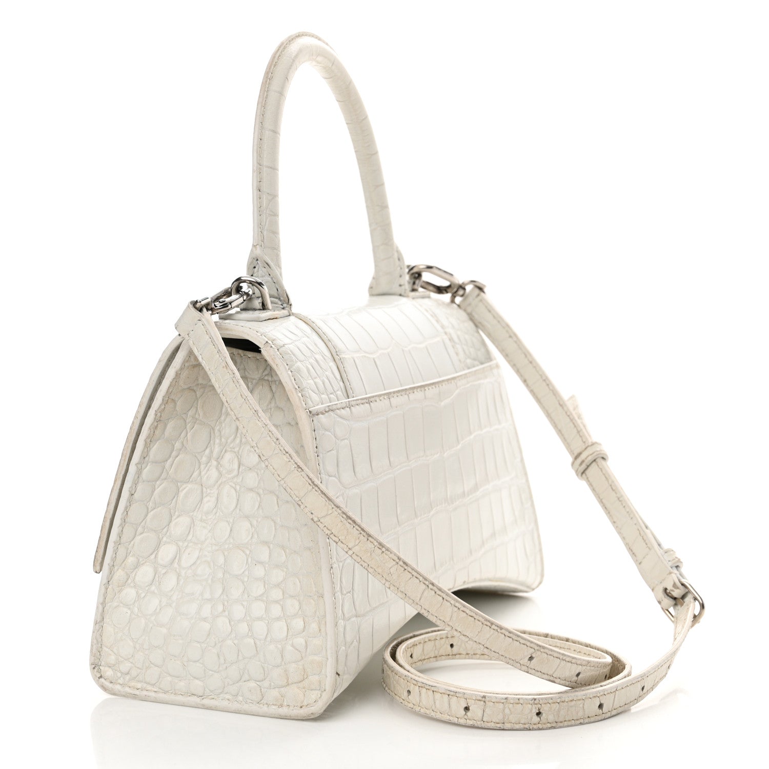 Balenciaga Calfskin Crocodile Embossed Small Hourglass Top Handle Bag White 3 of 28