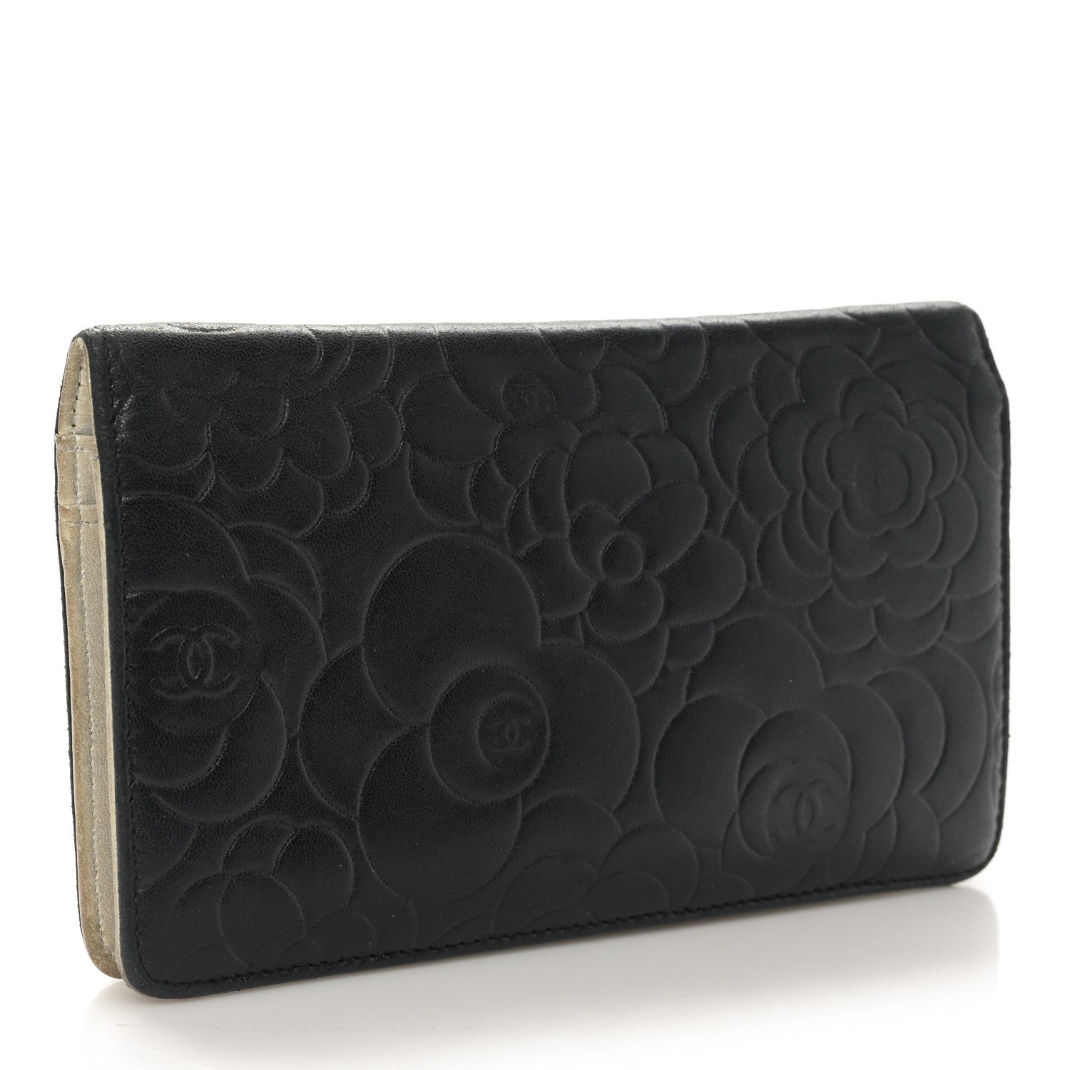 Chanel Lambskin Camellia Embossed Yen Wallet Black 3 of 10