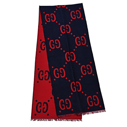 Gucci Wool Silk Monogram Jumbo GG Freedom Scarf Midnight Blue Red 3 of 5