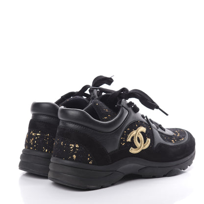 Chanel Velour Tweed CC Sneakers 37 Black Gold 4 of 11