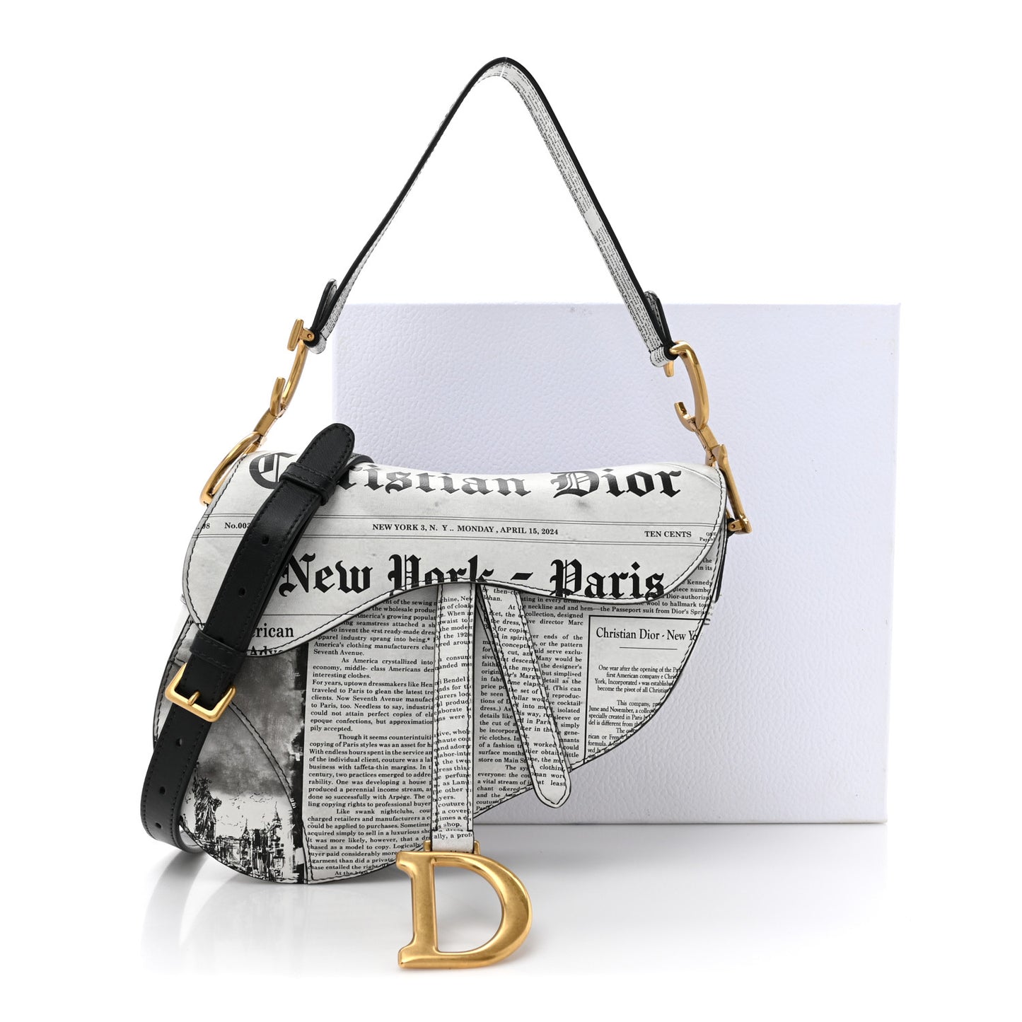 Calfskin Newspaper Printed Saddle Bag With Strap Black White