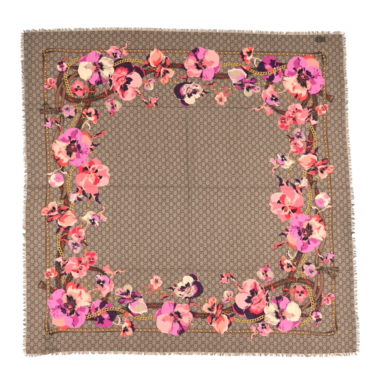 Wool Jacquard GG Monogram Big Panshie Fringe Shawl Roseate Beige