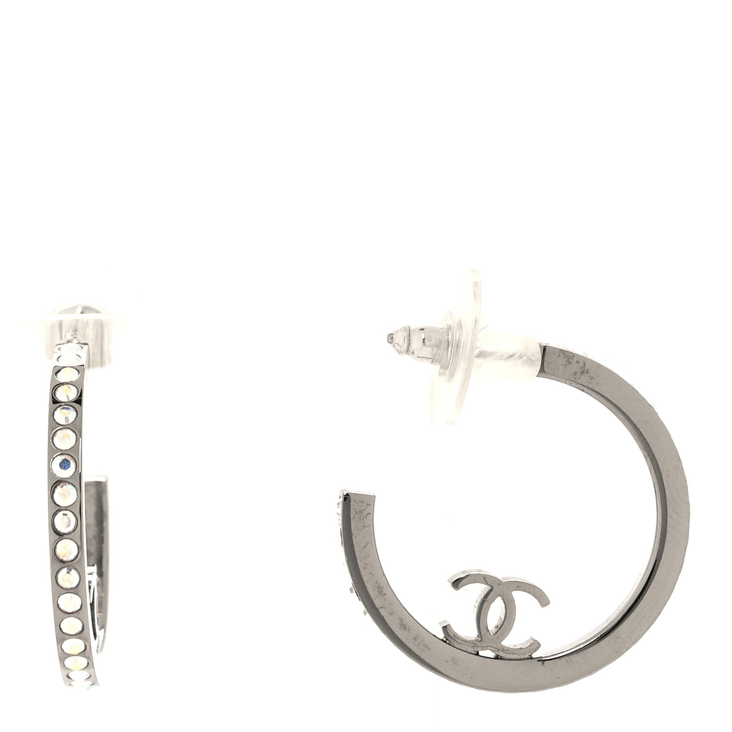 Chanel Crystal CC Hoop Earrings Silver 1 of 4