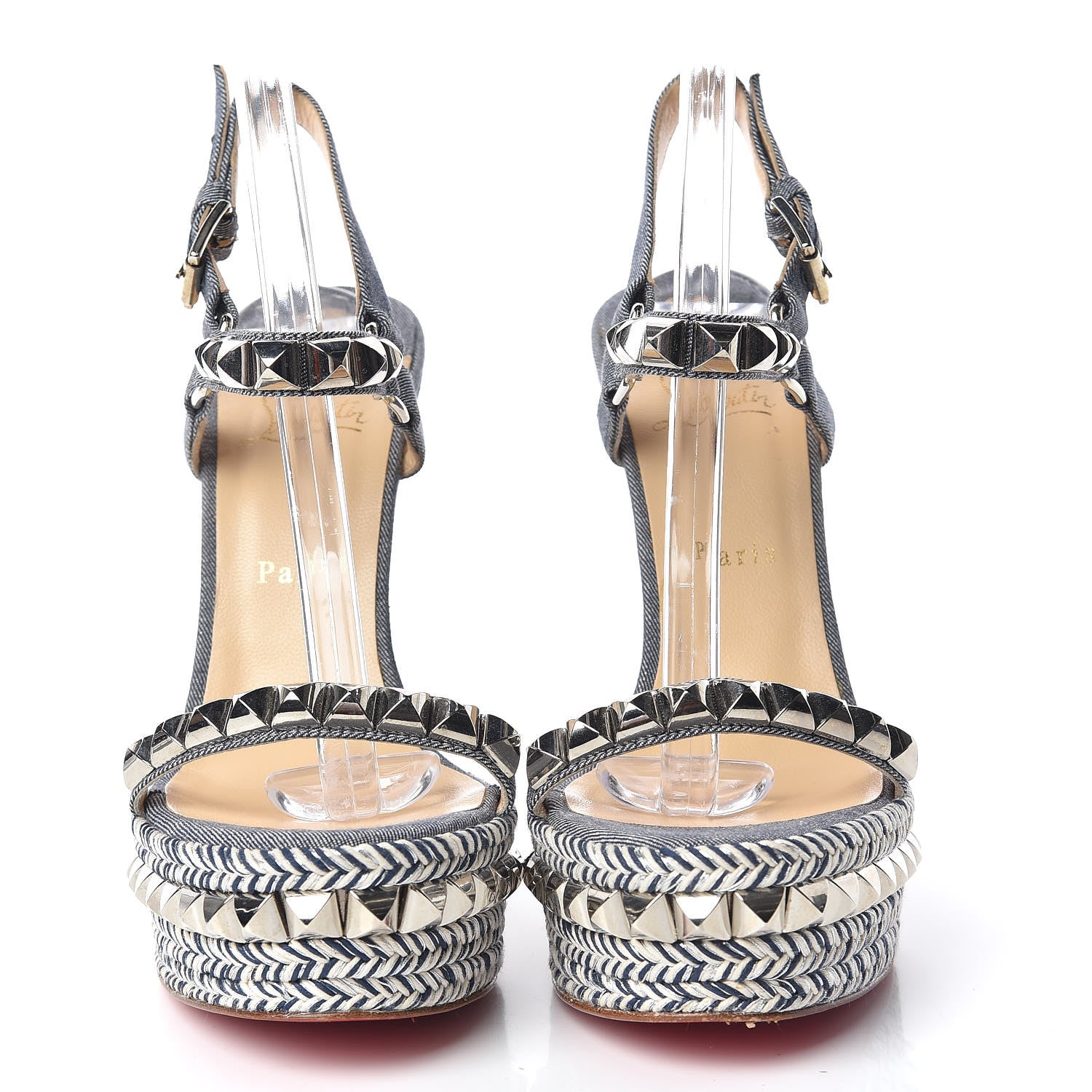 Christian Louboutin Denim Pyraclou 140 Wedge Sandals 40 Blue White 2 of 12