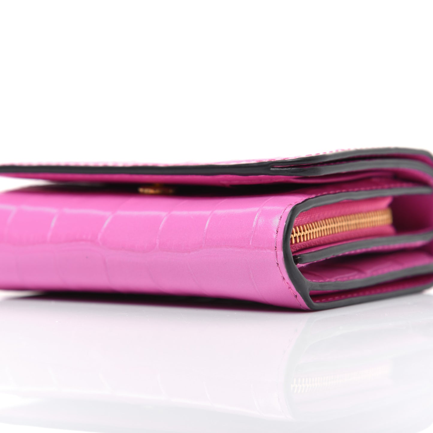 Crocodile Embossed Calfskin Small French Continental Wallet Raspberry Pink