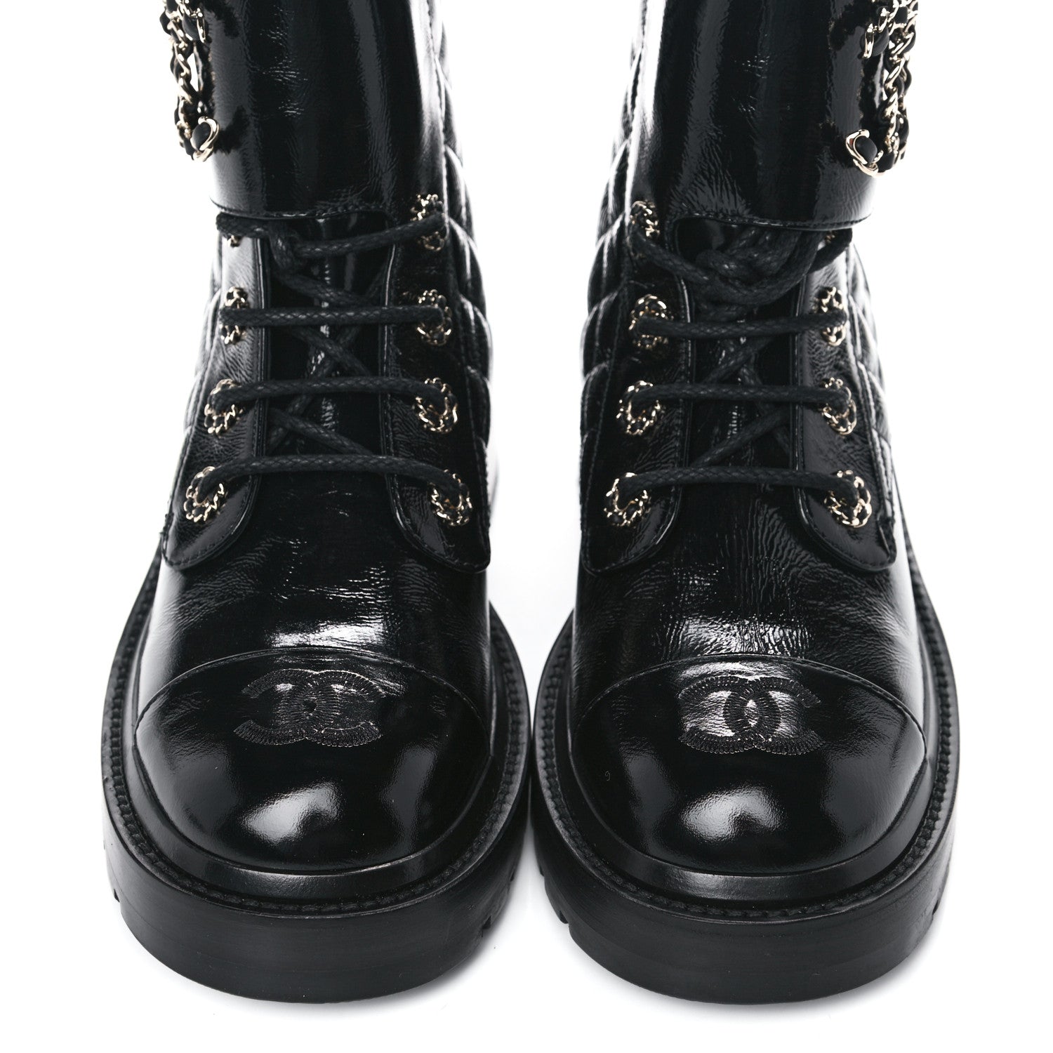 Chanel Shiny Calfskin Quilted Lace Up Combat Boots 37 Black 903916